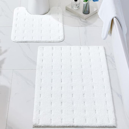 ILANGO White 4360+5060 Bathroom Rugs Bath Mat Set, Dries Quickly,Non Slip Fluffy Shaggy Bath Washable Mats Set for Bathroom,Tub