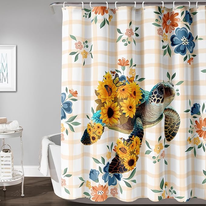 AILONEN Sea Turtle Shower Curtain for Bathroom, Sunflower Turtle Bathroom Curtain,Ocean Turtle Floral Grid Bath Curtain 72" W*84" H Polyester Waterproof Bathroom Curtain with 12 Hooks