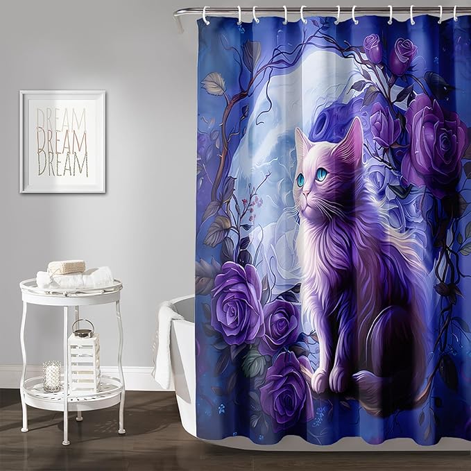 AILONEN 3D Cute Cat Shower Curtain Set, Purple Oil Rose Waterproof Fabric Shower Curtain for Kids Boys Girls,Cat Lovers Animal Design Shower Curtain for Bathroom with Hooks,60" W*72" H