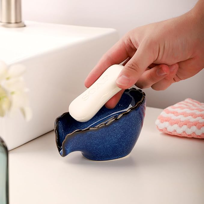 VanEnjoy Dish Washing Soap Holder Blue Ceramic Dish for Soap, Self Draining Soap Holder, Bar Soap Holder Leaf Shape for Bathroom, Kitchen
