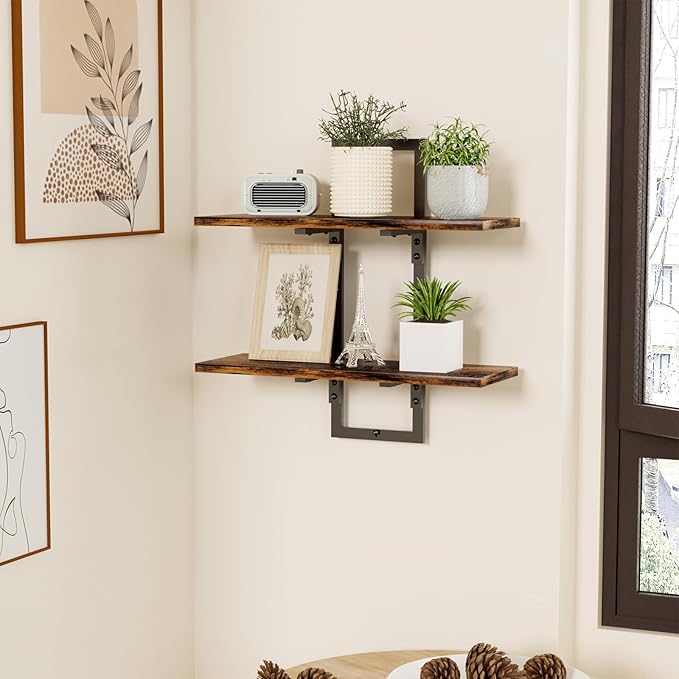 2 Tier Floating Shelves for Wall,16 inch Wall Shelf for Room, Kitchen Shelves Industrial Floating Shelf Decor for Bathroom, Living Room, Bedroom