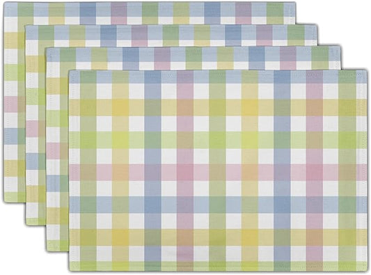 Spring Easter Placemats Set of 4 Linen Colorful Plaid Pink Green Place Mat Washable Non-Slip Heat Resistant 12×18 Inch Thick Place Mats Decorative Fabric Table Mat for Dining Table