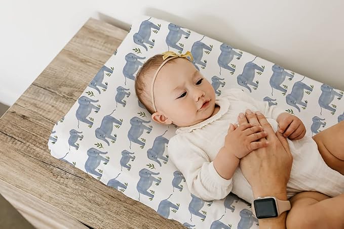 TotAha Premium Stretchy Changing Pad Covers (2-Pack)-Hypoallergenic, Silky Comfort, Buttery Soft, Calming Effect, All-Season Jersey-Knit 5'' Deep Pocket (Belgian & Blue Painted Elephant)