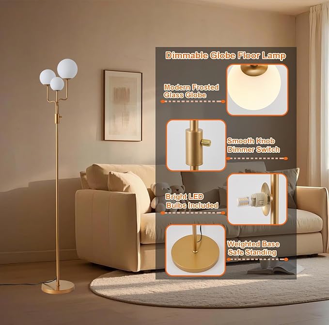 Fiqevs Dimmable 3 Globe Sputnik Floor Lamp, Mid Century Modern Tree Floor Lamp with 3 x 800LM LED Bulbs and Glass Shade, Elegant Antique Brass Gold Standing Lamp for Living Room, Bedroom, Office