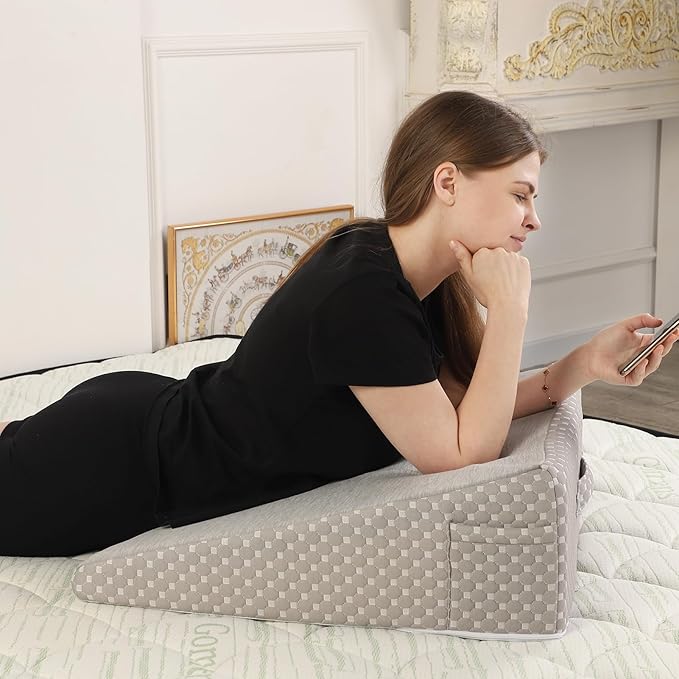 Wedge Pillow for Sleeping, 8 Inch Cooling Triangle Bed Pillow with Removable Cover, Elevated Body Pillow for Back Support, After Surgery, Snoring, Neck, Leg and Acid Reflux, Grey