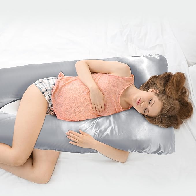 Silky Satin Pregnancy Pillow Cover (ONLY Pillowcase), U Shaped Luxurious Smooth Maternity Pillow Cover, Soft & Breathable Large Pillow Protector with Hidden Zip for Side Sleeper,Light Grey