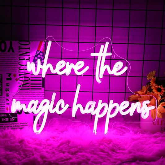 Where The Magic Happens Neon Sign Led Pink Light Up Signs for Wall Decor Usb Powered Letter Neon Light Signs for Bedroom Wedding Decor Birthday Party Shop Man Cave 16 x 11''(Pink)