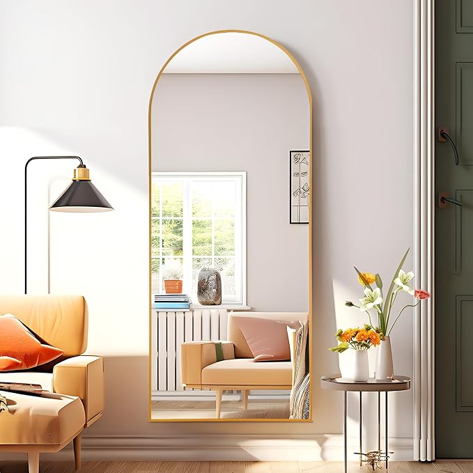 NicBex Arched Full Length Mirror, 64"x24" Aluminum Alloy Frame Full Body Mirror with Stand, Gold - Free Standing, Leaning Against Wall or Wall-Mounted, for Bedroom Living Room Dressing Room
