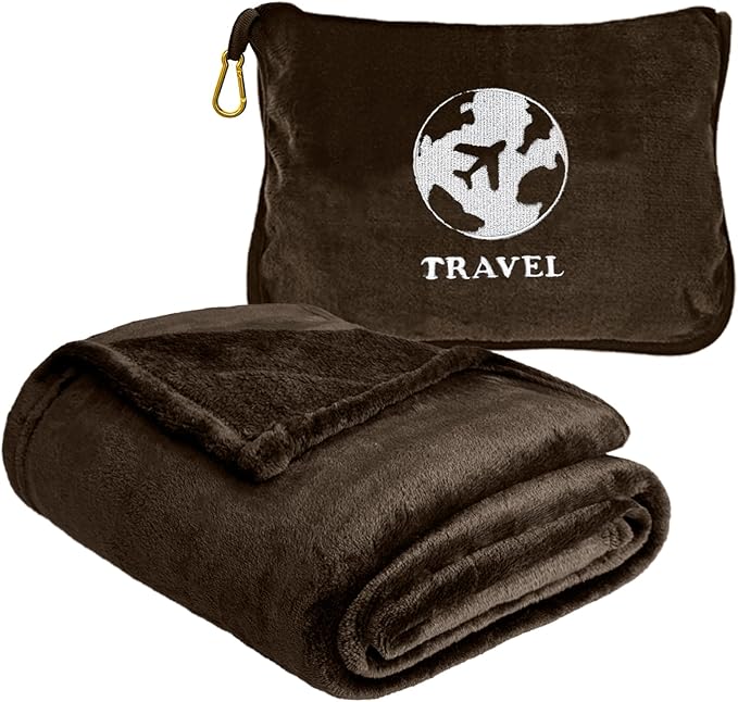 Bnuitland Travel Blanket and Pillow 2 in 1, Soft Flannel Airplane Blanket in Bag Compact-Long Flight Essential for Adults and Kids, Portable Luggage Sleeve and Backpack Clip, 65×40 inch Coffee Brown