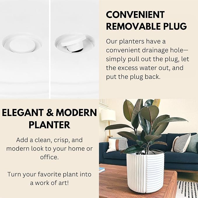 Fox & Fern 10 Inch Plant Pot with Drainage Plug — Premium Polystone White Plant Pot; Modern Planter with 3D Texture and Ceramic Finish; 10 Inch Pots for Plants Indoor & Outdoor