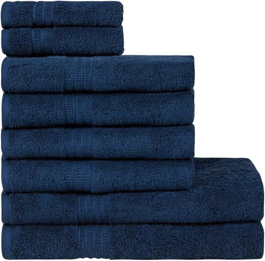 HOMELOVER 8 Piece Towel Set - 100% Organic Cotton, 2 Bath Towels, 4 Hand Towels, 2 Washcloths - 500 GSM, Hotel & Spa Quality, Soft, Quick Dry, Highly Absorbent Bathroom Essentials (Deep Sea Blue)