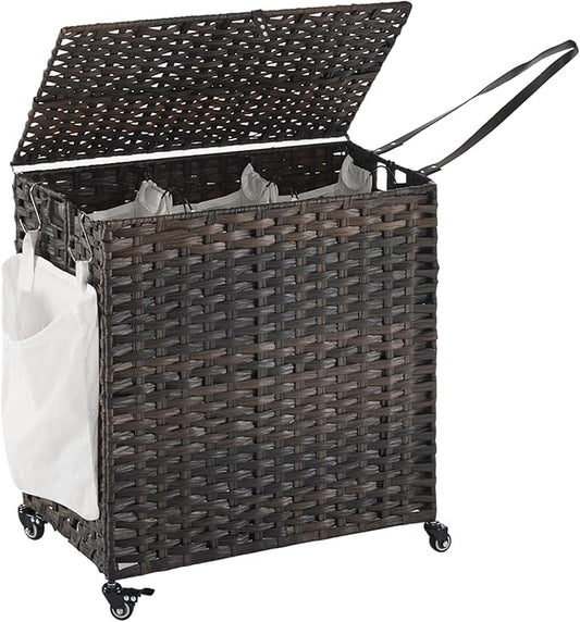 Laundry Hamper with Wheels, 39.6 Gallon(150L) Rolling Laundry Basket with Lid, 3-Section Rattan Clothes Hamper with 3 Removable Liner & 3 Mesh Bags, Laundry Sorter with Side Pocket, Brown