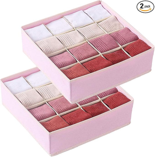 Qozary 2 Pack Socks Underwear Drawer Organizer Divider, 24 Cell or 16 Cell Collapsible Cabinet Closet Organizer Storage Boxes for Clothes, Socks, Lingerie, Underwear, Ties
