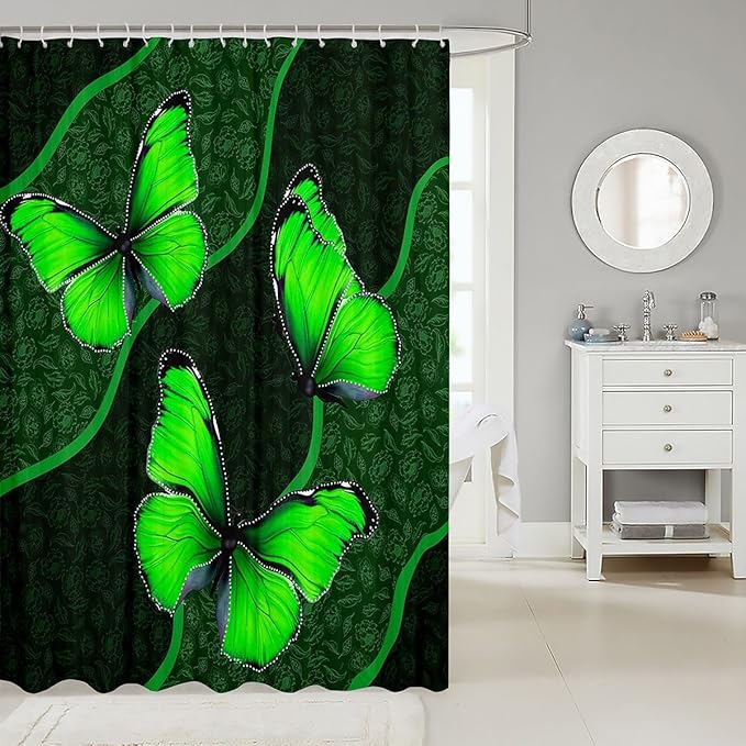 Feelyou Butterfly Shower Curtain 72"x72" Kids Butterflies Botanical Floral Print Bathroom Shower Curtain Set for Boys Girls Teens Geometric Stripes Bath Curtain Green Bathroom Accessories
