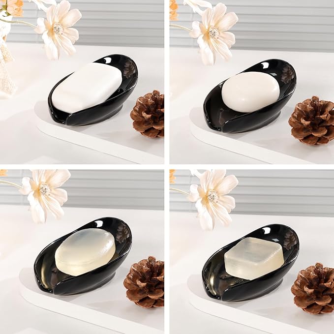 Soap Holder, Self Draining Soap Dishes 2PCS, Leaf Shape Ceramic Bar Soap Holder Drain Soap Dishes for Bathroom Sink Kitchen, Easy to Clean Keeps Soap Dry, Black, ANTIS'S HOME