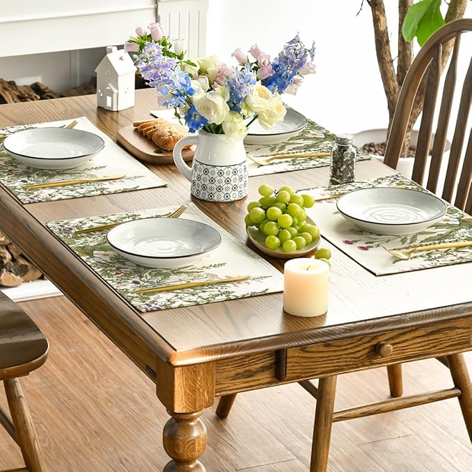 Artoid Mode Antique Herbs and Wild Flowers Summer Placemats Set of 8, 12x18 Inch Seasonal Wildflower Spring Table Mats for Party Kitchen Dining Decoration