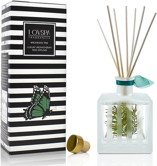 LOVSPA Birchwood Pine Essential Oil Reed Diffuser Gift Set | Balsam Fir, White Pine and Amber | Great Aromatherapy Gift for Mom, Dad, Grandma or Aunt