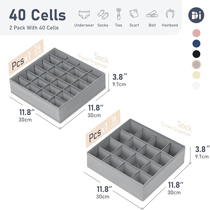 Joyoldelf Sock Organizer Drawer Organizer - Underwear Organizer, Collapsible Closet Organizers and Storage Sock Holders Organizers for Storing Socks, Ties, Belts 2 Pack(Gray)