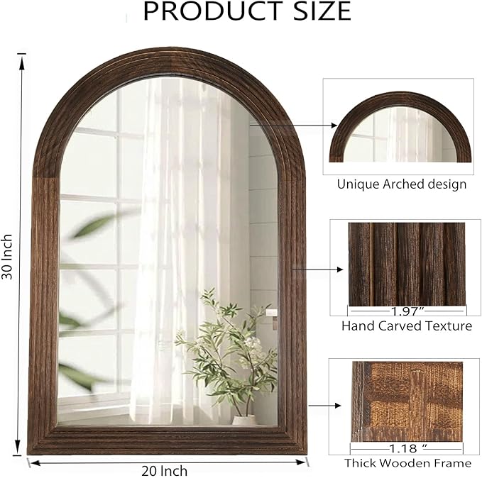 LOSOUR Arched Mirror, Farmhouse Decor Solid Wood Frame Wall Mirror, Bathroom Mirrors, Large Vintage Mirror for Bathroom, Living Room,Bedroom, Entryway, Hallway,Foyer (Coffee, 20inch*30inch)