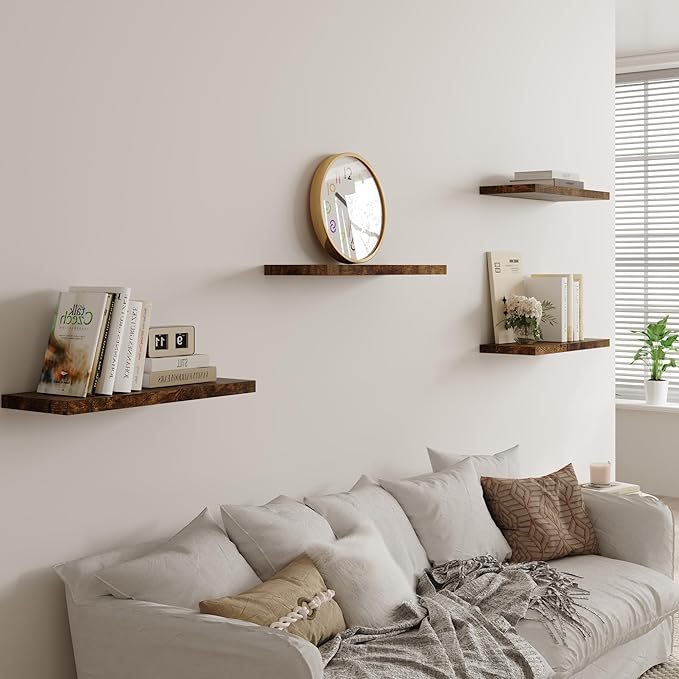 Wall Shelf Set of 1, Rustic Brown Floating Shelves 36 in W x 10 in D x 1 in H, Wooden Floating Wall Shelf with Invisible Brackets for Living Room/Bedroom/Bathroom/Kitchen Storage and Decor