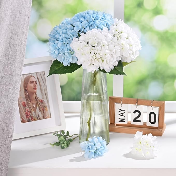 BLEUM CADE 4 Pcs Hydrangea Artificial Flowers with Realistic Stems, 18In Large Fake Flowers, Faux Flower for Home Party Decor Outdoor Wedding Bouquets Table Centerpieces Decoration, White Blue