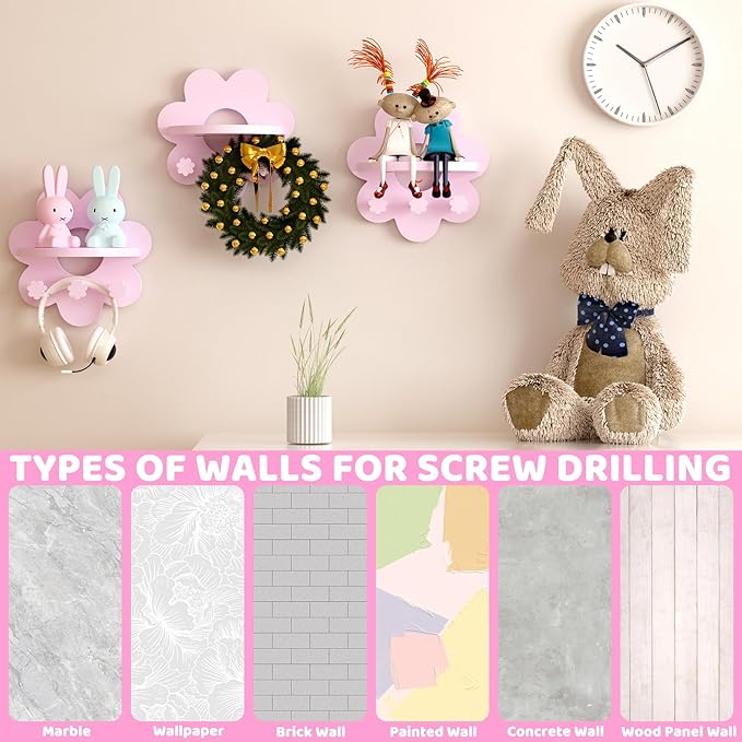Floating Shelf for Wall, Hanging Display Wall Shelf with Hooks Wooden Daisy Flower Shelf for Bathroom Living Room Bedroom Wall Decor, Pink