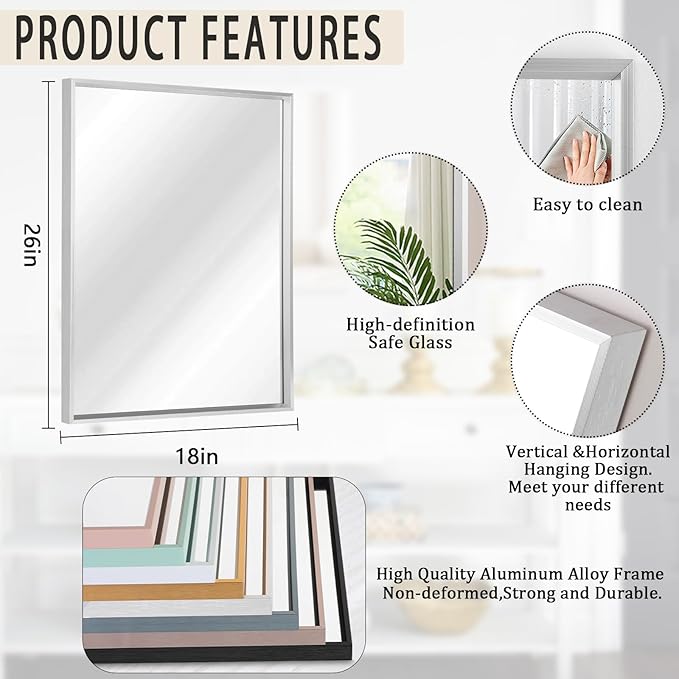 AAZZKANG Metal Frame Mirror Rectangle Wall Mounted Mirrors Large 26"x18" Decorative Modern for Bedroom Bathroom Entryway Hanging Vertically or Horizontally Silver