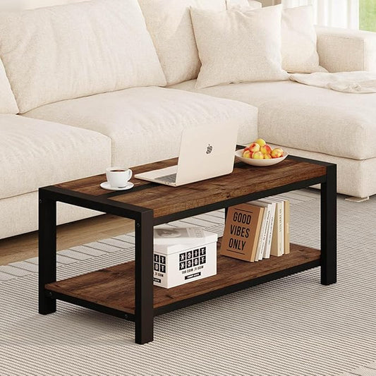 BON AUGURE Coffee Table for Living Room, Industrial Wood and Metal Living Room Tables, Farmhouse Rectangular Center Table (Rustic Oak, 43 Inch)