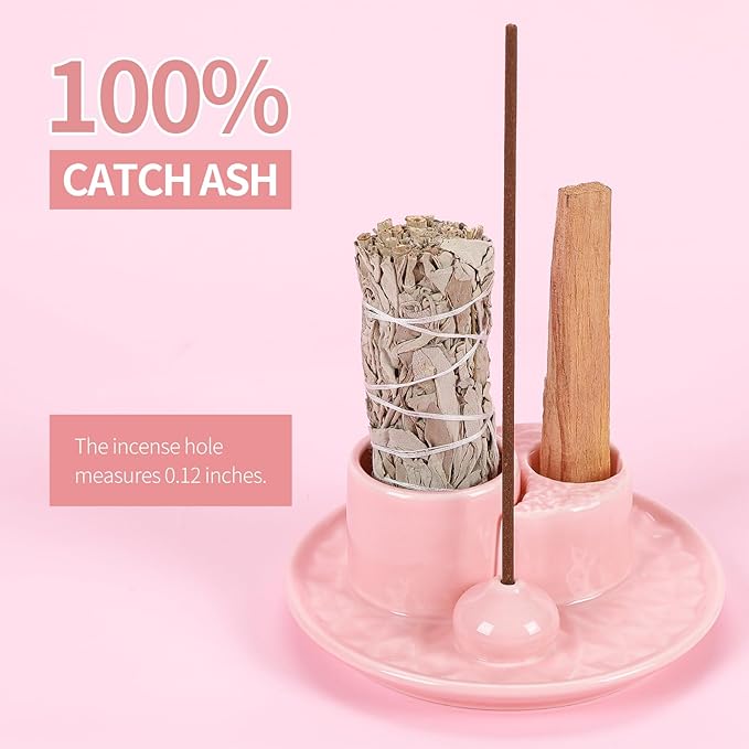 Palo Santo Sticks Holder, Multi-Purpose Handmade Ceramic Incense Burner for Palo Santo Incense Sticks, Sage Holder for Burning, Ash Catcher Tray for Meditation Yoga Room (Light Pink)