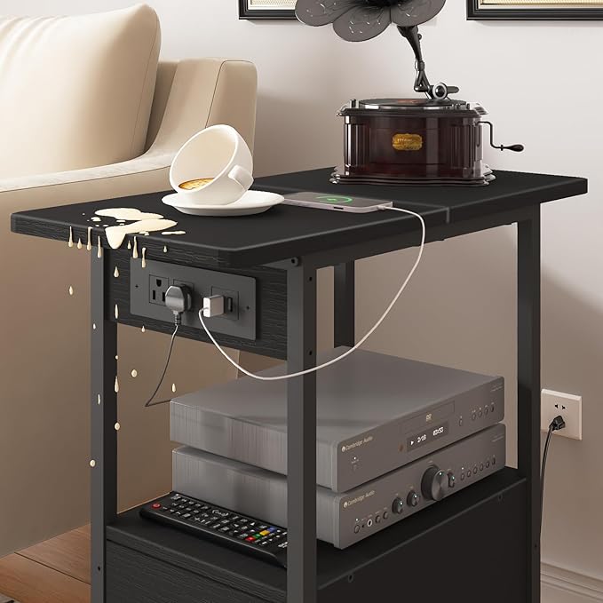 LIDYUK End Table with Charging Station, Narrow Side Table with Drawer and USB Ports & Power Outlets, Nightstand Bedside Tables for Small Spaces, Bedroom, Living Room, Black, Set of 2