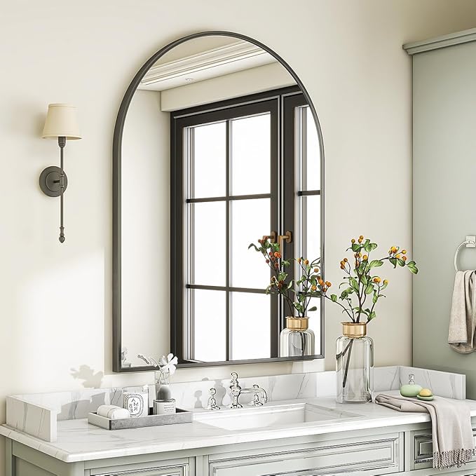Arched Wall Mirror, 30 x 38 inch Arch Bathroom Mirror, Wall Mounted Vanity Mirror with Arch Metal Frame, Modern Bathroom Vanity Mirror for Bedroom, Living Room, Hanging or Leaning, Black