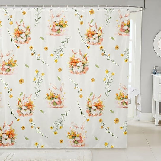 Cartoon Rabbits Kids Shower Curtains,Tulip Sunflowers Leaves Rustic Bathroom Curtains for Girls Boys,Happy Easter Cute Animals Colorful Bright Waterproof Curtains,12 Hooks Suits,72" W x 84" L