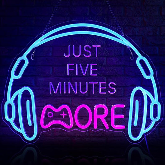 Gaming Neon Sign, Large Bright and Dimmable Colored LED Headset Gamer Neon Light and USB Powered Headphone Lightup Game Signs for Game Zone Video Room Boy Bedroom Wall Decor (Just Five Minutes More)