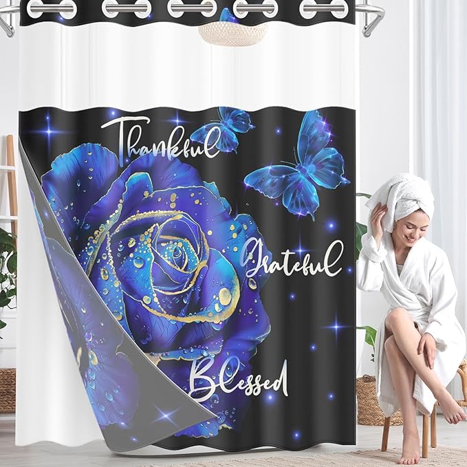 Blue Rose Floral No Hook Shower Curtain with Snap in Liner, Butterfly Flower Grateful Blessed Bath Curtain with Double Layers Waterproof Fabric and Mesh Top Window 71x74 Inch