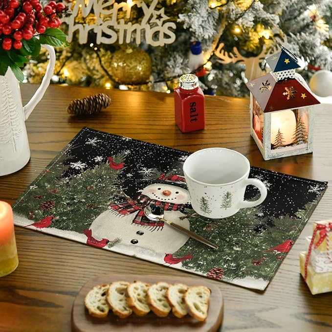 Artoid Mode Snowman Trees Blue Christmas Placemats for Dining Table, 12 x 18 Inch Seasonal Black Winter Birds Xmas Holiday Washable Table Mats Set of 6