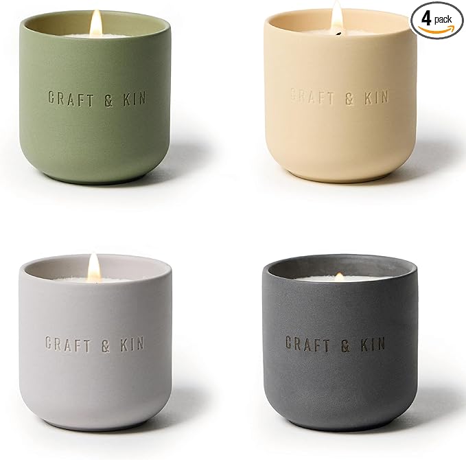 Craft & Kin Scented Candles Discovery Set | 4 Pack of 3oz Candles | 20-Hour Burn Time, Soy Blend Wax, Cotton Wick, Ceramic Jars