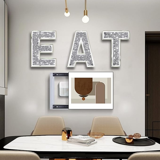 3 pcs Independent Letters EAT.Glam Crystal Diamond Letters.Silver Mirror Glass Home Decoration for Wall, Kitchen,Living Room, Fireplace, Bookshelf and Table.