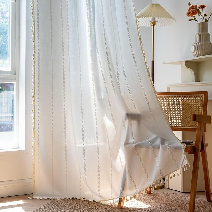 Sutuo Home Boho Curtains 72 Inches Length for Bedroom Living Room,Country Farmhouse Vintage Shabby Chic Tassels Window Treatment Bohemian Embroidery Drape, Rod Pocket 1 Panel 52" W x 72" L, White