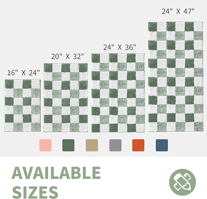CozeCube Green Checkered Bath mats Non Slip, Fluffy Absorbent Microfiber Runner Bath mat Washable, Aesthetic Bathroom Rugs, Long Bath mat for Bathroom Floor, 59" x 24"