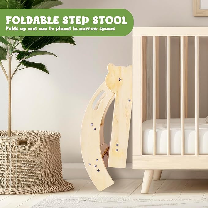 Foldable Step Stool for 2 Toddlers/Twins, Kids Stool with 22.7-Inch Wide Step, Safety Handles, Anti-Slip Strips, Toddler Step Stool for Bathroom Sink, Toilet, Kitchen Wooden 2 Step Stool
