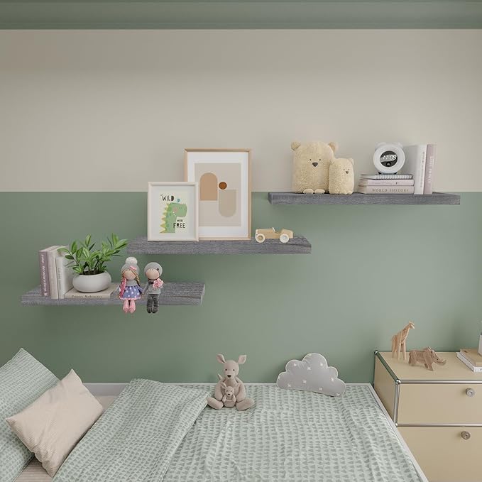 Floating Shelves 24 Inch Wall Shelf Solid Wood Mounted Storage for Bedroom Living Room Set of 3, Rustic Grey Wall Shelves