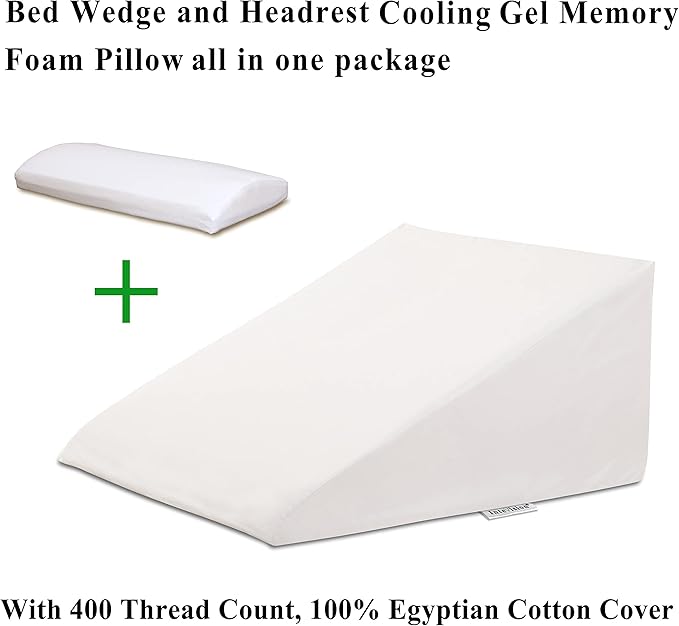 InteVision Extra Large Bed Wedge Pillow (33 x 30.5 x 12 inch) and Headrest Pillow in One Package - Helps Relief from Acid Reflux, Post Surgery, Snoring - Egyptian Cotton Cover - 2 inch Memory Foam Top