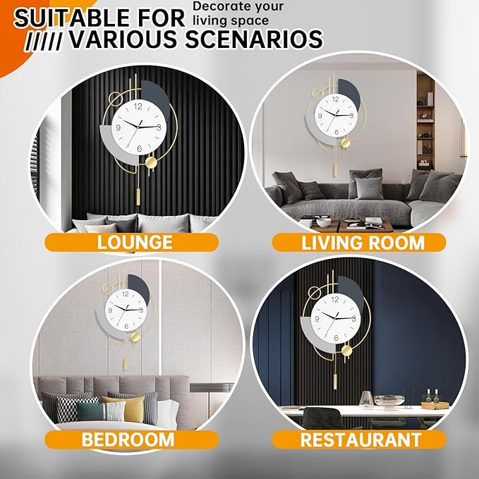 Wall Clock, Silent Quality Quartz Battery Operated with Pendulum, Large Wall Clock for Living Room Kitchen Home Bathroom Bedroom Wall Decor,13x21.65inch,Golden