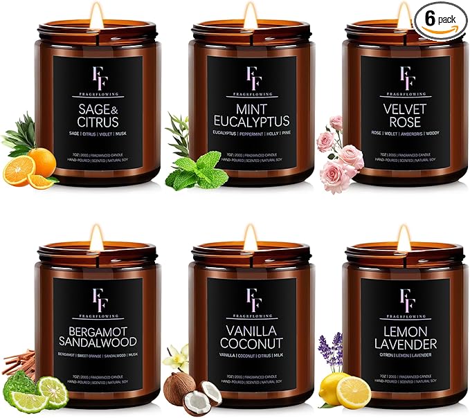 Scented Candles Set, Soy Wax 6 Pack 42 Oz Aromatherapy Candles Gift Set for Women Men (Sage/Vanilla/Lemon/Sandalwood/Mint/Rose