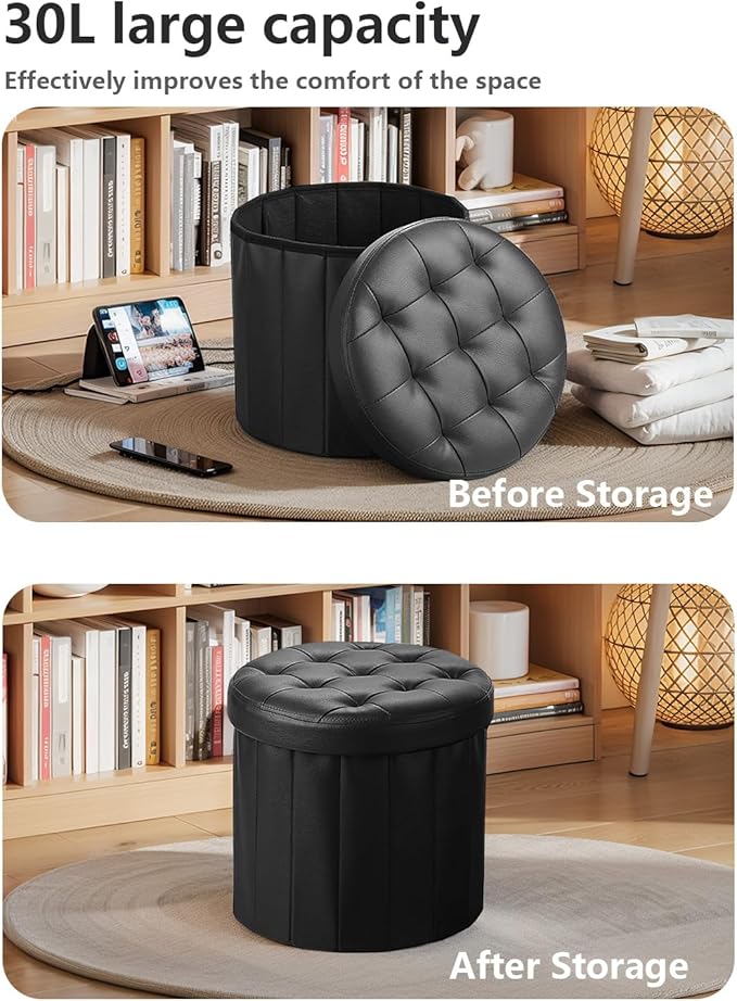 Bsketa® Folding Storage Ottoman Round 14" x 14" x 13"Inch, Foot Stool with Thicker Foam Padded Seat Small Leather Storage Ottoman Bench Foot Rest for Living Room Foldable Pouf Coffee Table,Black