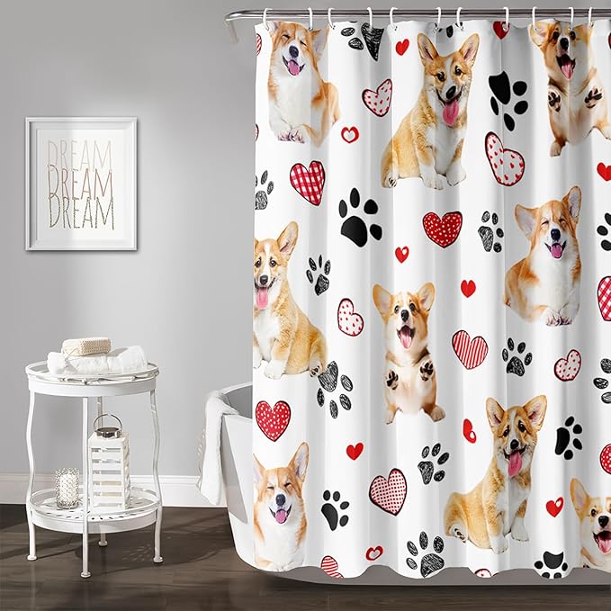 AILONEN Puppy Dog Shower Curtain for Bathroom,Cute Corgi Waterproof Bath Curtain,Pet Dog Kids Girls Dog Lover Curtain with 12 Plastic Hooks(72" W*84" H)