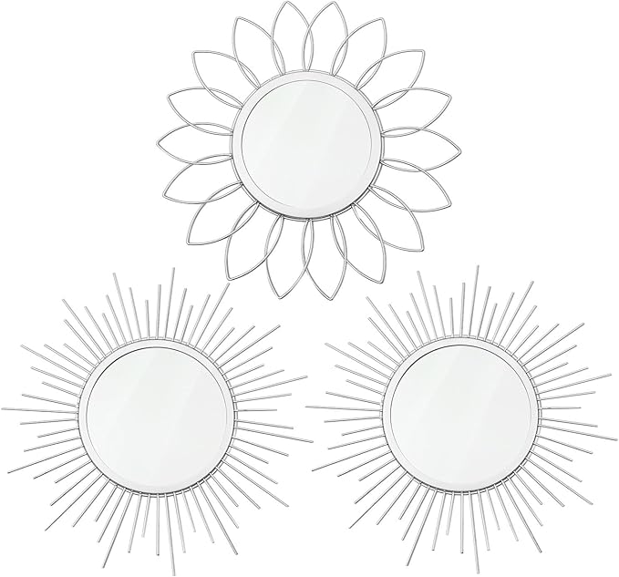 3 Pack Metal Mirrors for Wall Sunburst Wall Mirrors Home Décor Decorative Hanging Wall Art for Living Room Bedroom Entryway (Silver, Flower+Sunburst)