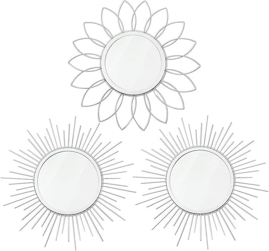 3 Pack Metal Mirrors for Wall Sunburst Wall Mirrors Home Décor Decorative Hanging Wall Art for Living Room Bedroom Entryway (Silver, Flower+Sunburst)