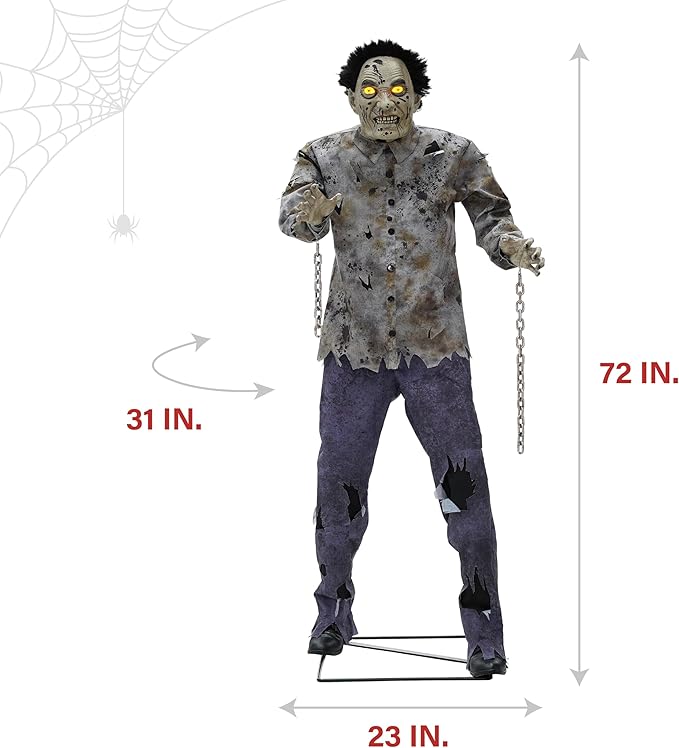 Haunted Hill Farm Motion-Activated 6-Ft. Tall Guard Zombie, Plug-in Scare Prop Animatronic with Spooky Sound Effects and Lights for Indoor or Covered Outdoor Creepy Halloween Decoration