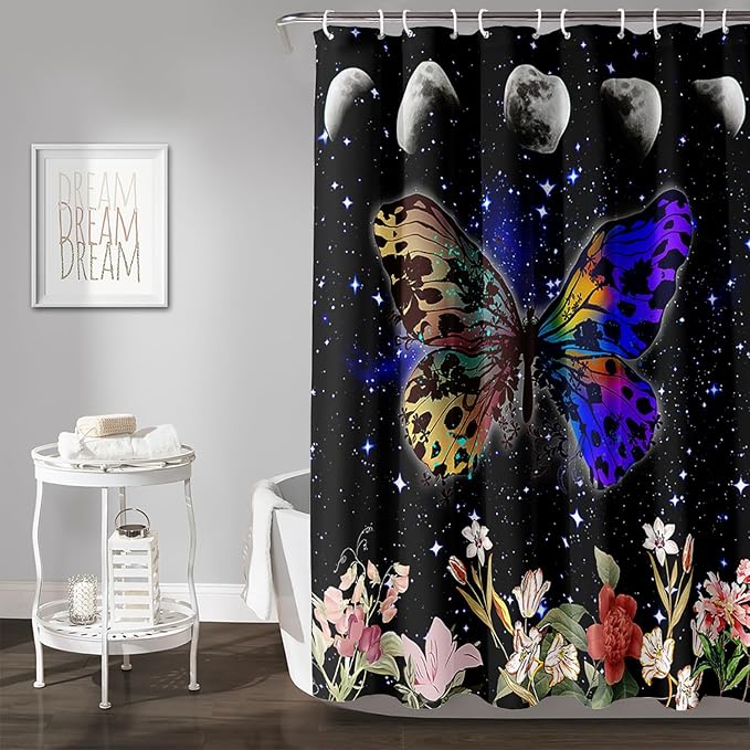 AILONEN Colorful Moth Shower Curtain,Sun and Moon Shower Curtain Set for Kids Girls Boys,Boho Natural Flowers Bath Curtain,Starry Night Bathroom Decor Shower Curtain with 12 Hooks,72" W*96" H